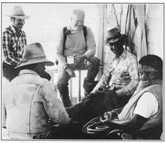 Shooting the breeze in a laid-back moment at Kahua:  (left to right, back) Pono von Holt, Monty Richards, Gilbert Perez, (left to right, front) Kimo Ho'opai and Harold Kailiawa.
